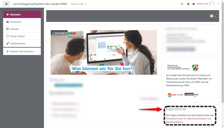 Die Startseite des LOGINEO NRW LMS ist abgebildet. Ein fPfeil deutet auf den Link zum Support-Formular hin.
