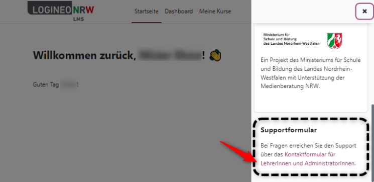 Die Startseite des LOGINEO NRW LMS ist abgebildet. Ein fPfeil deutet auf den Link zum Support-Formular hin.