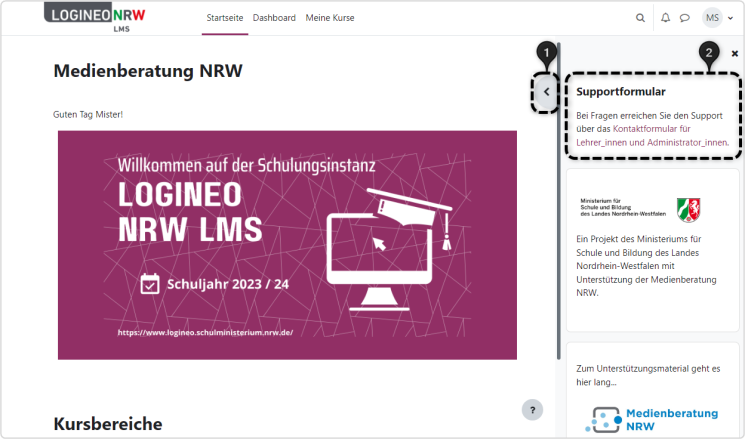 Die Startseite des LOGINEO NRW LMS ist abgebildet. Ein fPfeil deutet auf den Link zum Support-Formular hin.  