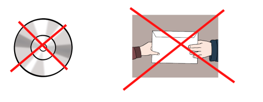 Graue CD, welche durch ein rotes Kreuz durchgestrichen wurde, eine Hand übergibt einer anderen Hand einen Brief