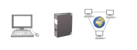 Grauer Computer mit Tastatur und Maus. Dunkelgrauer Aktenordner. Die Erde umkreist von drei Computern, die miteinander verbunden sind.