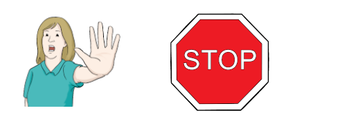 Eine Frau, die mit ihrer Hand ein Warnsignal gibt und dabei ihren Mund geöffnet hat. Rotes Stop-Schild: Weiße Schrift („Stop“) auf rotem, achteckigem Hintergrund.