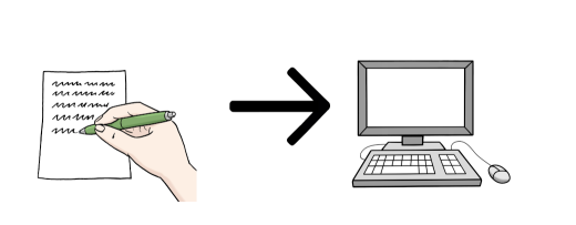Eine Person schreibt mit einem Stift in der Hand einen Text auf ein weißes Blatt Papier. Ein Pfeil nach rechts zeigt auf einen grauen Computer mit Tastatur und Maus.