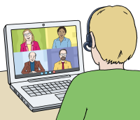 Männliche Person mit Kopfhörer auf dem Kopf telefoniert in einer Videokonferenz an ihrem Laptop mit vier anderen Personen