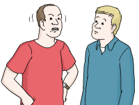 Zwei Männer sprechen miteinander. Der linke Mann erzählt seinem Gesprächspartner etwas und wirkt dabei aufgelöst, der rechte Mann hört diesem gespannt zu.