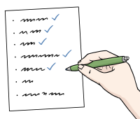 Weißes Blatt Papier mit einer Liste von Punkten darauf. Eine Person hält einen grünen Stift in ihrer Hand und hakt Punkte ihrer Liste ab.