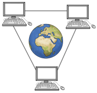 Die Erde umkreist von drei Computern, die miteinander verbunden sind
