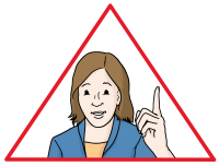 Eine Frau in einem roten Warndreieck hebt den linken Zeigefinger, um auf etwas hinzuweisen. 
