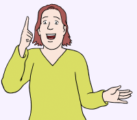 Eine Frau mit offenem Mund hebt den rechten Zeigefinger und hat die linke Hand zur Seite ausgestreckt.