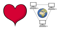 Ein rotes Herz. Eine Erdkugel, die von drei Computern umringt ist, welche durch Linien miteinander verbunden sind.